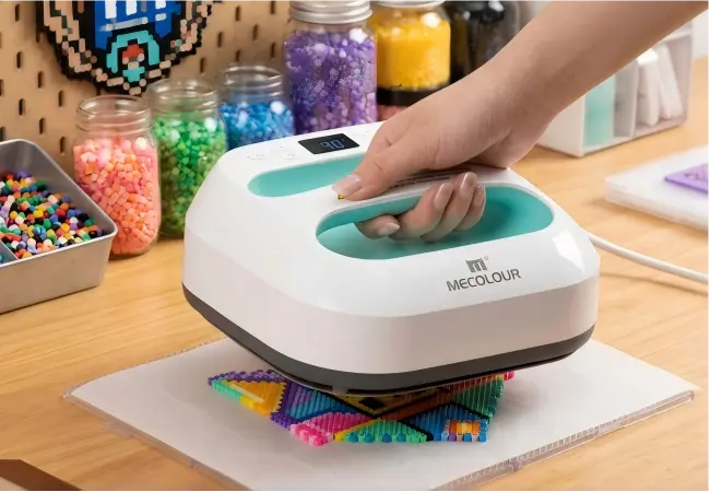 hacer cuentas Perler usando prensa térmica 9x9